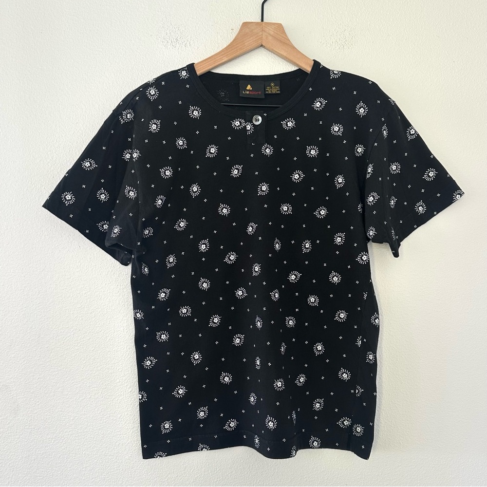 Vintage 90s Liz Sport 100% Cotton Top Tee Shirt Sz M Black Floral Indie Grandma